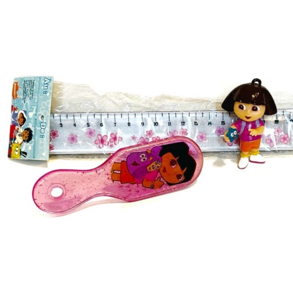 Dora the Explorer Toy Lot Figure Doll Pendant Bracelet Ruler Hair Brush Pink Fun